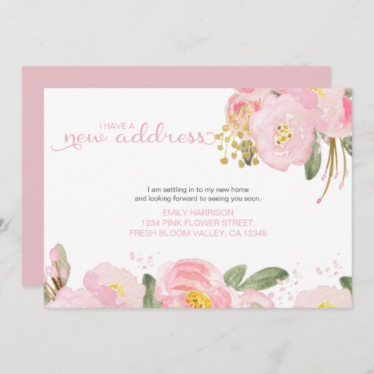 Mijn nieuwe adres Floral Pink Gold Moving Aankondiging (Voorkant / Achterkant)