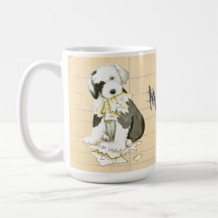 Mijn oude Engelstalige Sheepdog Ate Mijn thuiswerk Koffiemok