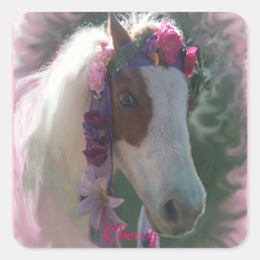 Mijn paard Cherry met bloemen vierkante sticker (Voorkant)
