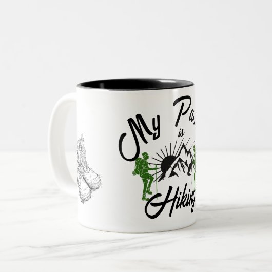 MIJN PASSIE is Hikken, bergen, wandelschoenen Tweekleurige Koffiemok (Voorkant links)