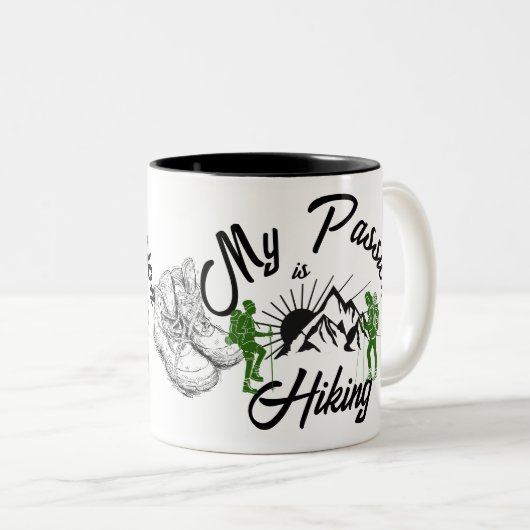 MIJN PASSIE is Hikken, bergen, wandelschoenen Tweekleurige Koffiemok (Voorkant rechts)