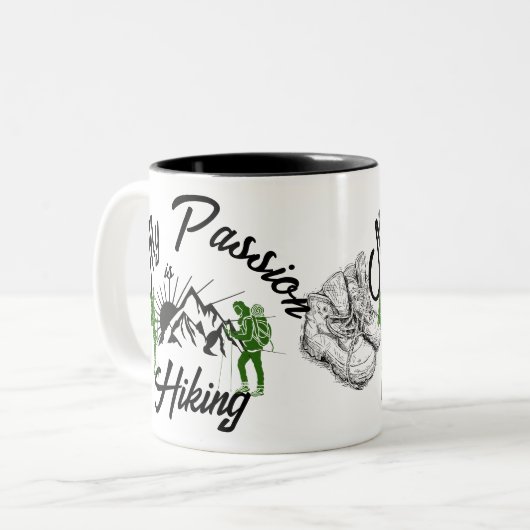 MIJN PASSIE is Hikken, bergen, wandelschoenen Tweekleurige Koffiemok (Voorkant links)