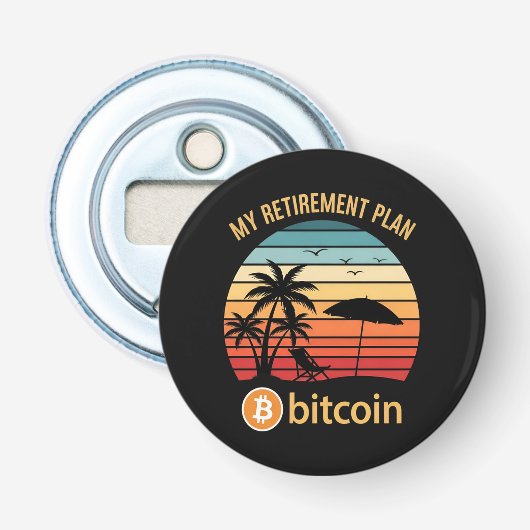 Mijn Pensioenplan Bitcoin Strand Zonsondergang Button Flesopener (Voorkant)