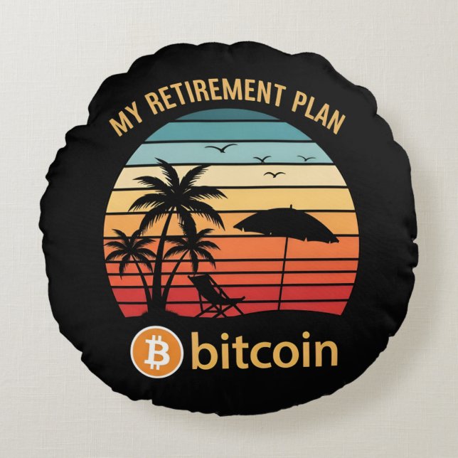 Mijn Pensioenplan Bitcoin Strand Zonsondergang Rond Kussen (Voorkant)