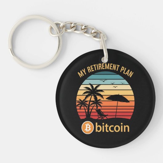 Mijn Pensioenplan Bitcoin Strand Zonsondergang Sleutelhanger (Voorkant)