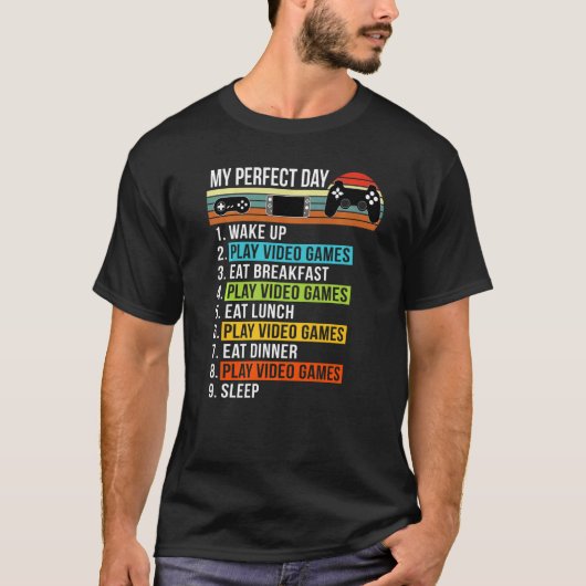 Mijn perfecte dag videogames Cool Gamer Retro T-shirt (Voorkant)