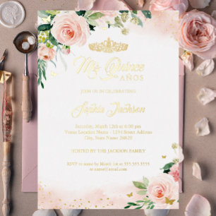 Mijn Quince Roze Gouden Bloemachtige Quinceanera V Folie Uitnodiging