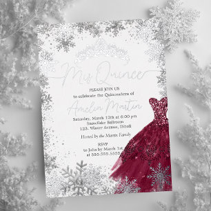 Mijn Quince Sneeuwvlok Bourgondië Quinceanera Folie Uitnodiging