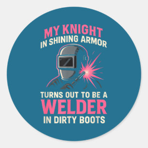 Mijn ridder in grappig glanzende lasser vrouw vrou ronde sticker