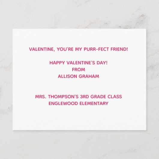 Mijn Spinnende vriend. Cute Cat Classroom Valentij Briefkaart (Achterkant)