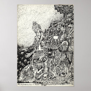 Mijn stad reed door vuur in het zee. poster