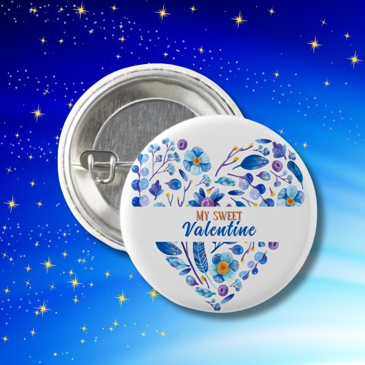 Mijn Sweet Valentijn Botanical Blue Floral Heart Ronde Button 3,2 Cm