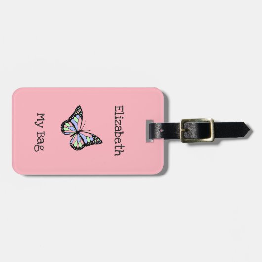 Mijn tas Schattige roze met vlinder en meisjesnaam Bagagelabel (Voorkant horizontaal)