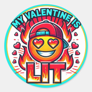 Mijn Valentijn is LIT Fun Fire Heart Emoji Ronde Sticker