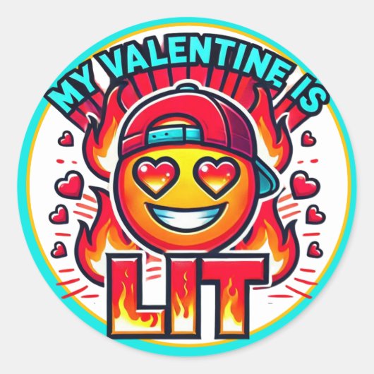 Mijn Valentijn is LIT Fun Fire Heart Emoji Ronde Sticker (Voorkant)
