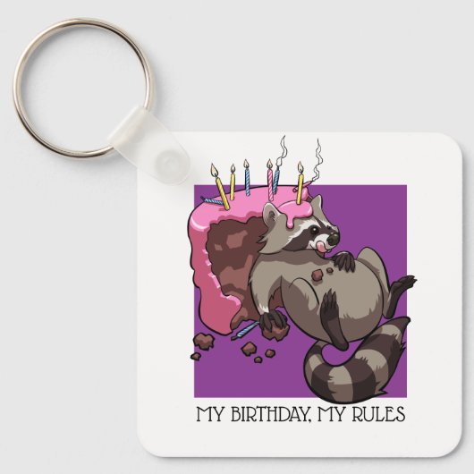 Mijn Verjaardag Mijn Regels Taart Eten Raccoon Car Sleutelhanger (Voorkant)