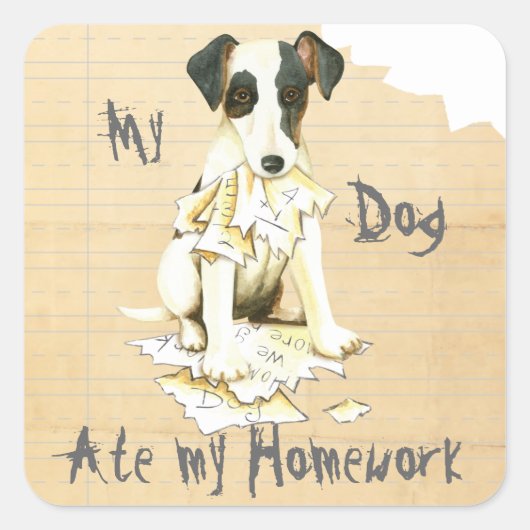 Mijn Vloeiende Fox Terrier Ate Mijn thuiswerk Vierkante Sticker (Voorkant)