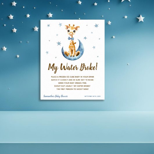 Mijn water brak spel Baby shower teken blauw Giraf Poster