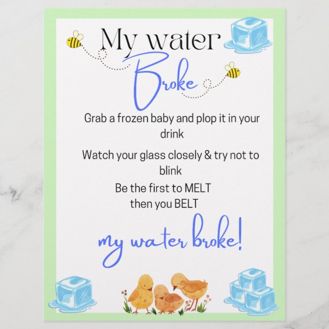 Mijn water is gebroken baby shower spel briefhoofd (Voorkant)