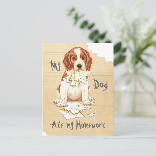 Mijn Welsh Springer Ate Mijn thuiswerk Briefkaart (Staand voorkant)