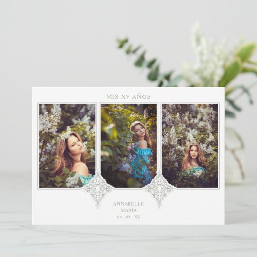 Mijn XV jaar Spaans 3 Foto's Sage Lace Effect Kaart (Staand voorkant)