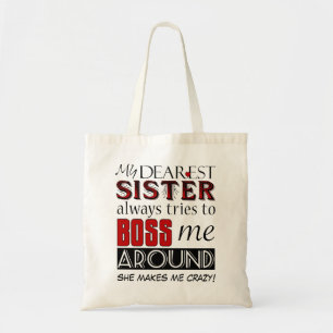 Mijn zus probeert me in de naad te zetten rond de tote bag