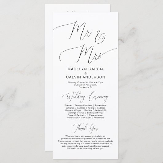 Mijnheer en mevrouw, het moderne programma voor hu programmakaart (Voorkant / Achterkant)