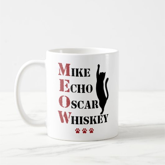Mike Echo Oscar Whiskey MEOW Cat Koffiemok (Links)