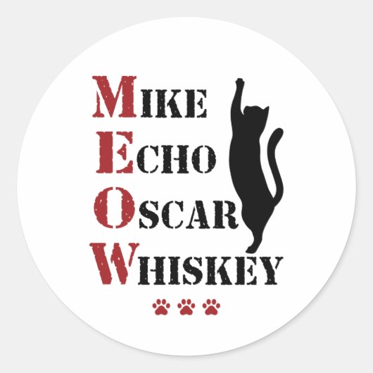 Mike Echo Oscar Whiskey MEOW Cat Ronde Sticker (Voorkant)