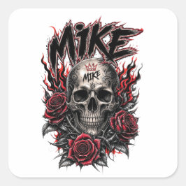 Mike Gotische Schedel met Rode Rozen en Vlammen Vierkante Sticker