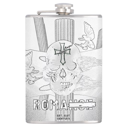 Mikitiez dromer schedel tatto regenboog roos rock heupfles (Voorkant)