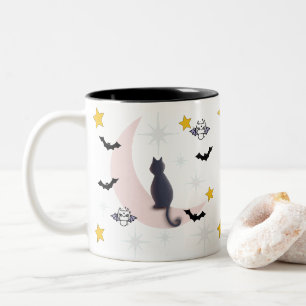 Mikitiez zwarte kat vleermuis halloween herfst win tweekleurige koffiemok