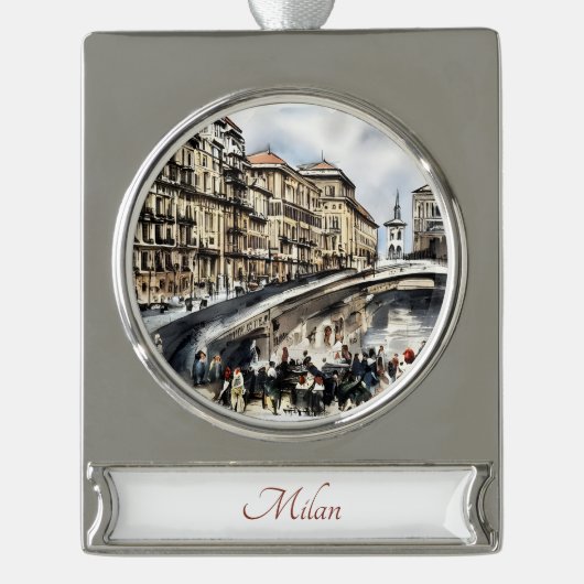 Milaan, Italië Travel Art Waterverf Ornament Verzilverd Banner Ornament (Voorkant)