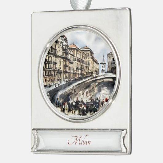 Milaan, Italië Travel Art Waterverf Ornament Verzilverd Banner Ornament (Links)