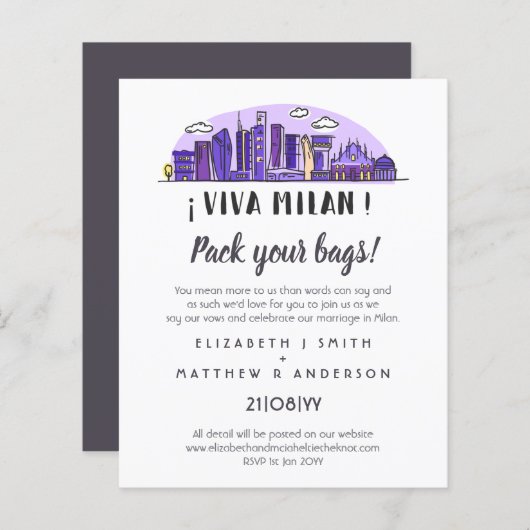 MILAN Skyline Trouw Uitnodiging Handgetekend Budge (Voorkant / Achterkant)