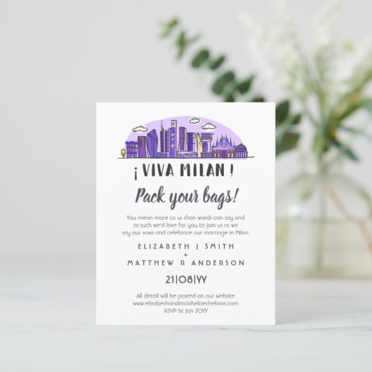 MILAN Skyline Trouw Uitnodiging Handgetekend Budge (Staand voorkant)