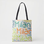 Milan Tote Bag<br><div class="desc">Milaan. Show en draag deze populaire, mooie mannelijke voornaam die is ontworpen als kleurrijke tekstwolk gemaakt van horizontale en verticale krommende typografie van handletters in verschillende maten en schattige verse kleuren. Draag je positieve amerikaanse naam of show de wereld waar je van houdt of waar je van houdt. Merk met...</div>