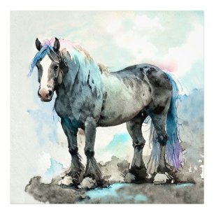 Milde Shire Horse Waterverf Blauw Foto Afdruk