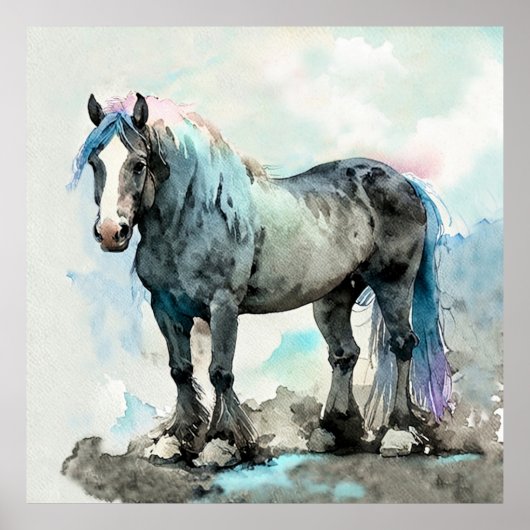 Milde Shire Horse Waterverf Blauw Poster (Voorkant)