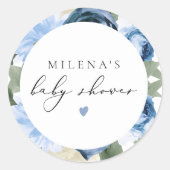 MILENA Dusty Blue Floral Boy Baby shower Ronde Sticker (Voorkant)