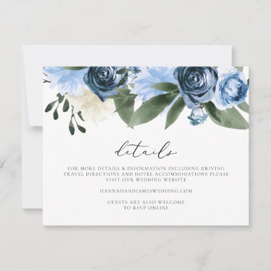 MILENA Dusty Blue Floral Garden Wedding Details Kaart (Voorkant)