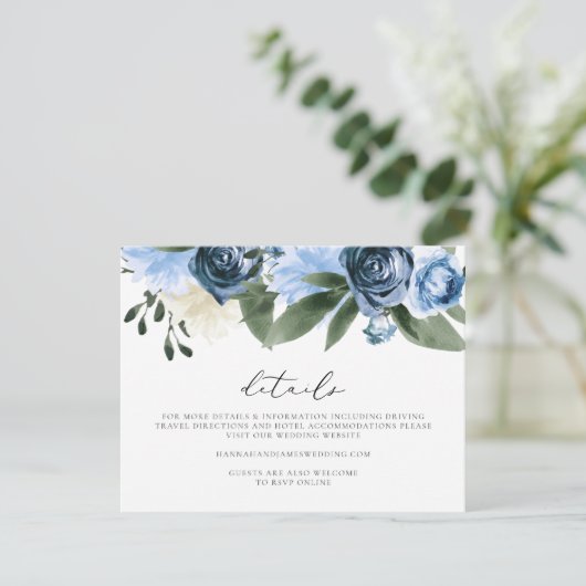 MILENA Dusty Blue Floral Garden Wedding Details Kaart (Staand voorkant)
