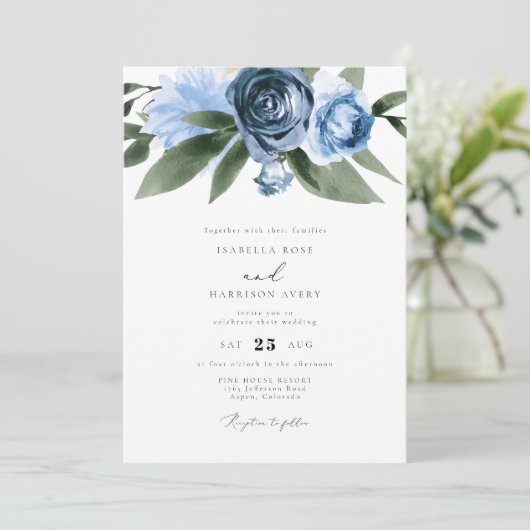 MILENA Dusty Blue Floral Garden Wedding Kaart (Staand voorkant)