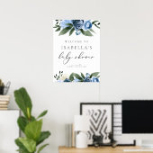 MILENA Dusty Blue Slate Floral Baby shower Welkom Poster (Thuiskantoor)