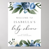 MILENA Dusty Blue Slate Floral Baby shower Welkom Poster (Voorkant)
