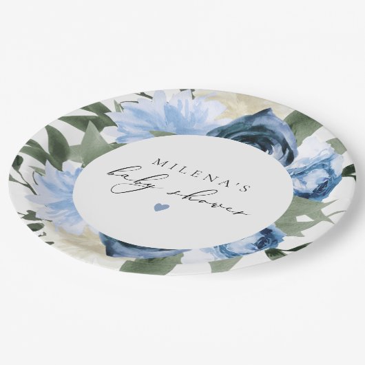 MILENA Dusty Blue Slate Floral Boy Baby shower Papieren Bordje (Gekanteld)