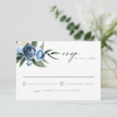 MILENA Stoffig Blauw Bloemen Bruiloft RSVP Kaart (Staand voorkant)