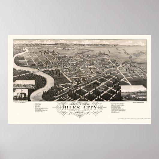 Miles City, MT Panoramic Map - 1883 Poster (Voorkant)