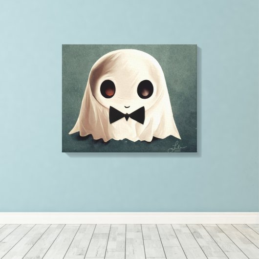 Miles the Friendly Ghost ・ Cute Halloween Art Canvas Afdruk (Insitu (Houten vloer))