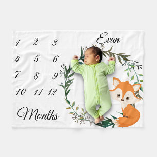 Milestone Baby Fox Leaf Wreath Keepomwille Fleece Deken